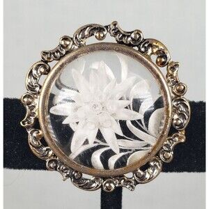 Vintage 1950's Clear Acrylic Domed Carved White Flower Silver Tone 1.25" Brooch